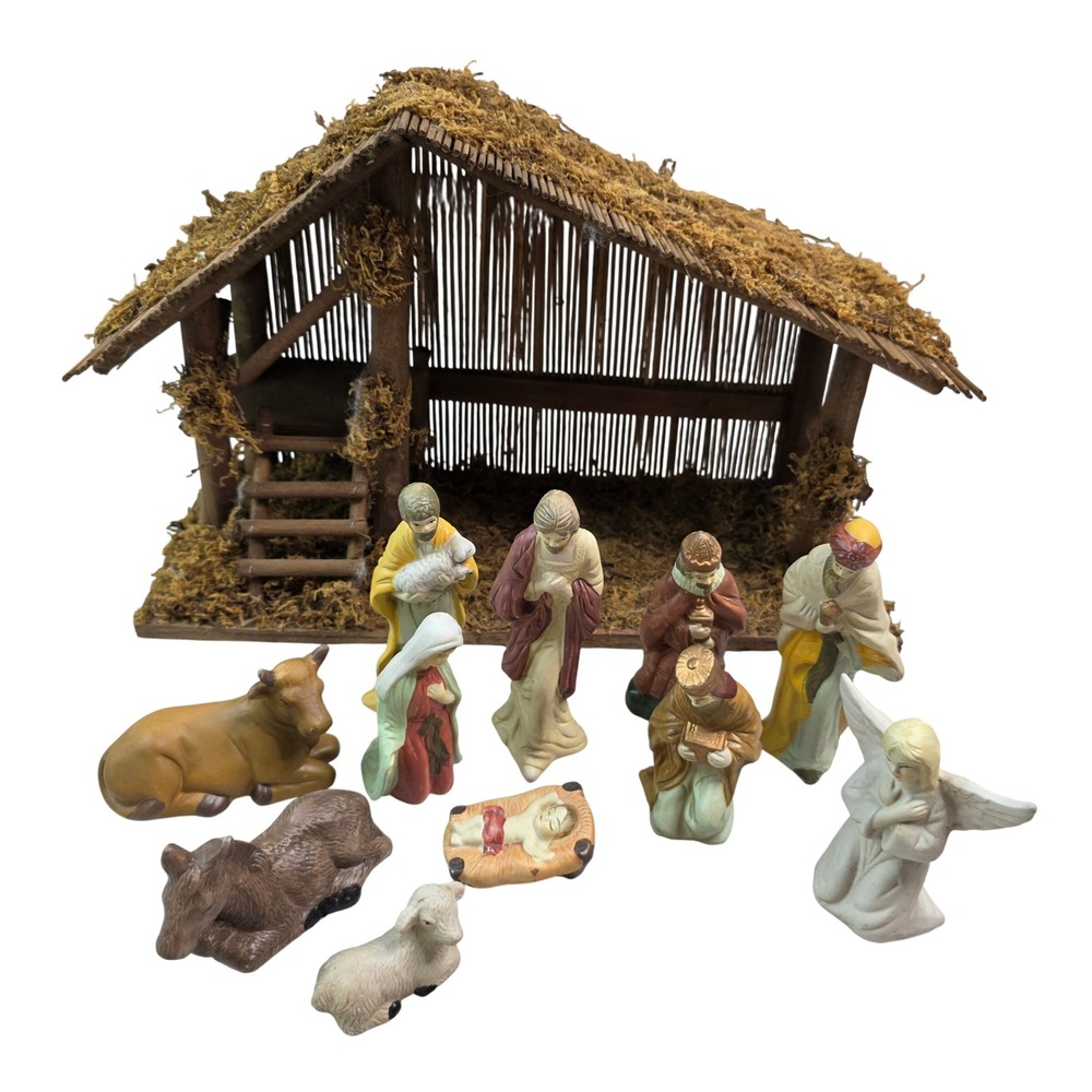 Holiday Traditions Porcelain Nativity Set 11 Piece Figurines with Wood Stable